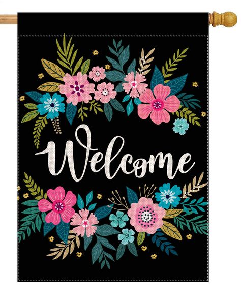 PRICES MAY VARY. FLAG SIZE: This pingpi "Welcome Floral Wreath" House Flag is the Large size (28" x 40"). OCCASSION: pingpi burlap garden flags perfect for any deck, patio, porch or veranda and make charming decorative statements for any backyard, lawn or garden. Beautiful design--colorful, vibrant, bright designs from creative, original artwork. Artistic flags hang beautifully from a sewn-in sleeve and it's easy to switch out our seasonal flag. DOUBLE SIDED: Pattern available in both sides. Gar Liquid Chalk Art, Chalkboard Decor, Flag Hanging, Burlap Garden Flags, Liquid Chalk, Welcome Friends, Flag Sizes, House Flag, Chalkboard Art