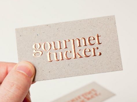 LOVE THIS! Gourmet Tucker business card with copper block foil print finish across a mixed fibre, uncoated, unbleached board designed by Supply. Embossed Business Cards, Visit Card, Foil Business Cards, Letterpress Business Cards, Business Card Inspiration, 카드 디자인, Unique Business Cards, Business Cards Creative, Photography Logos