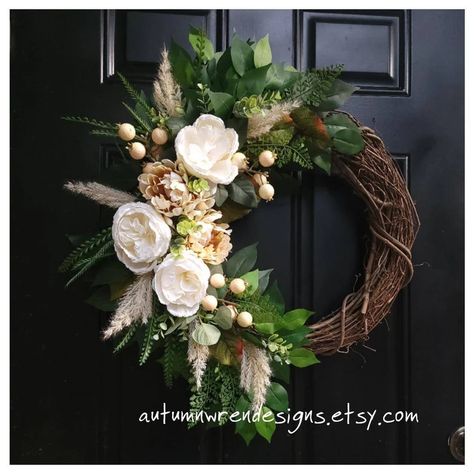 LARGE Neutral Wreath for Door Cream White Decor Fall - Etsy Neutral Wreath, Floral Door Wreaths, Wreath For Door, Peony Wreath, Wood Wreath, All Season Wreath, Winter Wreaths, Door Wreaths Diy, White Wreath