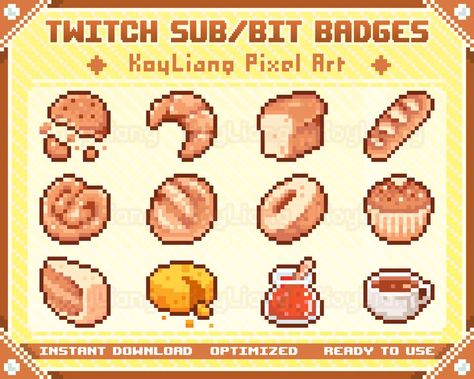 Bit Badges Cheese Pixel Art, Pixel Art Bakery, Pixel Art Twitch Badges, Pixel Twitch Badges, Bread Pixel Art, Pixel Art Reference, Coffee Pixel Art, Cake Pixel Art, Pixel Coffee