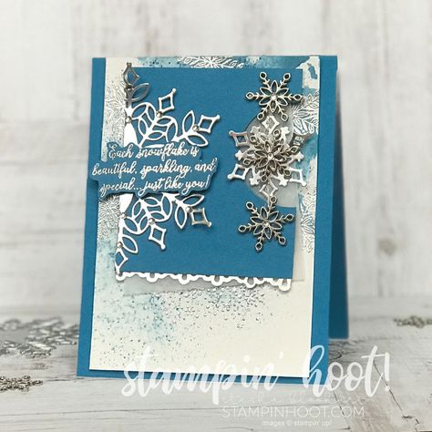 Create a holiday card using the Snowflake Showcase Suite of Products available through November 30, 2018. Snowfall Thinlits. Stesha Bloodhart Stampin' Hoot! #gdp166 #stampinhoot Chic Christmas Cards, Season Of Chic, Susan Campfield, Stamped Christmas Cards, Snowflake Cards, Merry Christmas Images, Set Ideas, 2022 Christmas, Stampin Up Christmas Cards