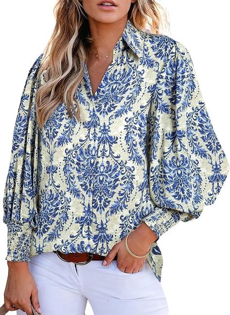 Astylish Boho Tops for Women 2024 Puff Sleeve Blouse Summer V-Neck Chiffon Paisley Oversized Button Down Shirt Dressy Orange X-Large at Amazon Women’s Clothing store Balloon Sleeves Blouse, Oversized Button Down Shirt, Lantern Sleeved Blouses, Older Women Fashion, Paisley Top, Balloon Sleeve Blouse, Sleeves Blouse, Blouse Tops, Loose Outfit