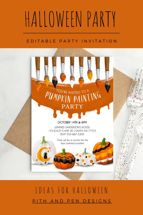 Invite your guest to your HALLOWEEN pumpkin painting party with this editable invitation. Print front side only or add the decorative back! It's easy to add your own information with the template editor called CORJL. #halloween #halloweenparty #halloweenbirthday #editable #printable #pumpkinpaintingparty #kidshalloweenbirthday #kidsbirthdayparty #paintingpartyinvitation #etsy #pumpkindecorating #halloweeninvitation #pumpkinparty #paintedpumpkins #personalize #octoberbirthday #pumpkinsandpizza Pumpkin Painting Party Invitations, Pumpkin Painting Kids Party, Pumpkin Painting Party Ideas, Halloween Pumpkin Painting, Painted Invitations, Pumpkin Painting Party, Holiday Martinis, Pumpkin Paint, Twin Birthday Parties