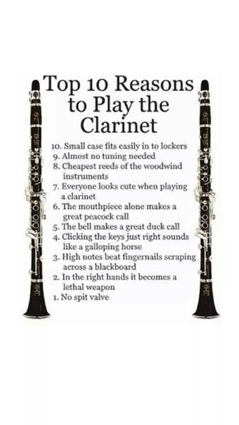 Top 10 reasons to play the Clarinet Clarinet Quotes, Clarinet Humor, Marching Band Quotes, Nerd Quotes, Marching Band Problems, Band Problems, Clarinet Sheet Music, Marching Band Humor, Band Jokes