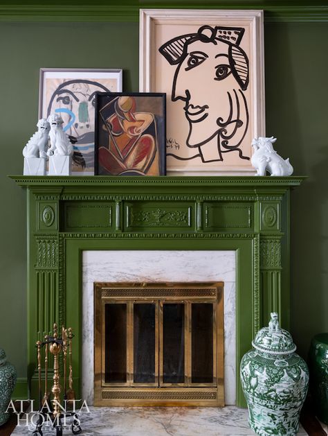 How I'd take this bold and dark green living room by Melanie Turner and simplify the design for the average decor-loving homeowner. Melanie Turner, Traditional Fireplace Mantel, Outdated Bathroom, Dark Green Living Room, Mantelpiece Decor, High Point Furniture Market, Paint Fireplace, Traditional Fireplace, Beautiful Home Designs