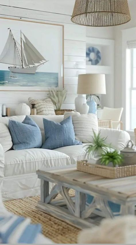 Beach Blue Living Room, Hamptons Style Furniture, Scandi Coastal Living Rooms, Decorating A Beach House, Coastal Modern Interior, Beach Home Decor Coastal Style, Beach Style Interior Design, Coastal Grandma Living Room Ideas, Coastal Interior Design Ideas