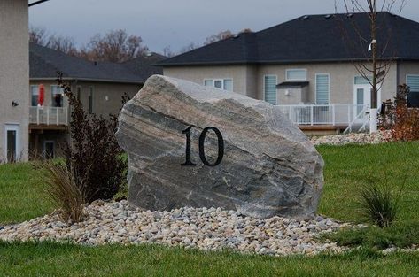 Bronze Signage, House Number Ideas Outdoor, Landscaping Pavers, Granite Sign, Sidewalk Ideas, Landscape Pavers, Flagstone Path, Rocks Landscaping, Number Ideas