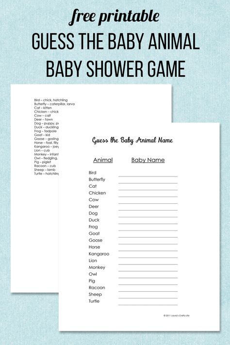 Free Baby Shower Printables. Baby Shower Bingo, the Price is Right, and Guess the Baby Animal Name game with answers. Free to print and use. Baby Guessing Game, Baby Animal Name Game, Diy Baby Shower Games, Animal Matching Game, Baby Animal Names, Animal Baby Shower Games, Free Printable Baby Shower Games, Free Baby Shower Games, Name Game