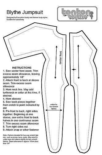 Oops, I forgot to add the ruler. If you print the PDF at full size, it should come out the correct size: la-dollce-vita.com/patterns/catsuitpattern.pdf Catsuit Pattern, Wing Suit, Blythe Pattern, Pattern Jumpsuit, Blythe Doll Dress, Union Suit, Dolls Clothes Diy, Diy Vetement, Doll Dress Patterns