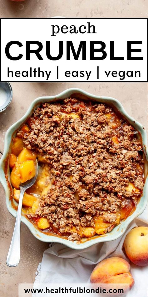 This is the best quick and easy healthy peach crisp recipe - the sweet, juicy peach filling is topped with a melt-in-your-mouth buttery oat crumble. It's gluten-free, vegan, naturally sweetened with maple syrup, and the perfect Summer dessert. You can use fresh or frozen peaches. Vegan Peach Crumble, Vegan Peach Crisp, Healthy Peach Dessert, Gluten Free Peach Crisp, Healthy Peach Crisp, Peach Filling, Fresh Peach Recipes, Peach Crisp Recipe, Vegan Peach