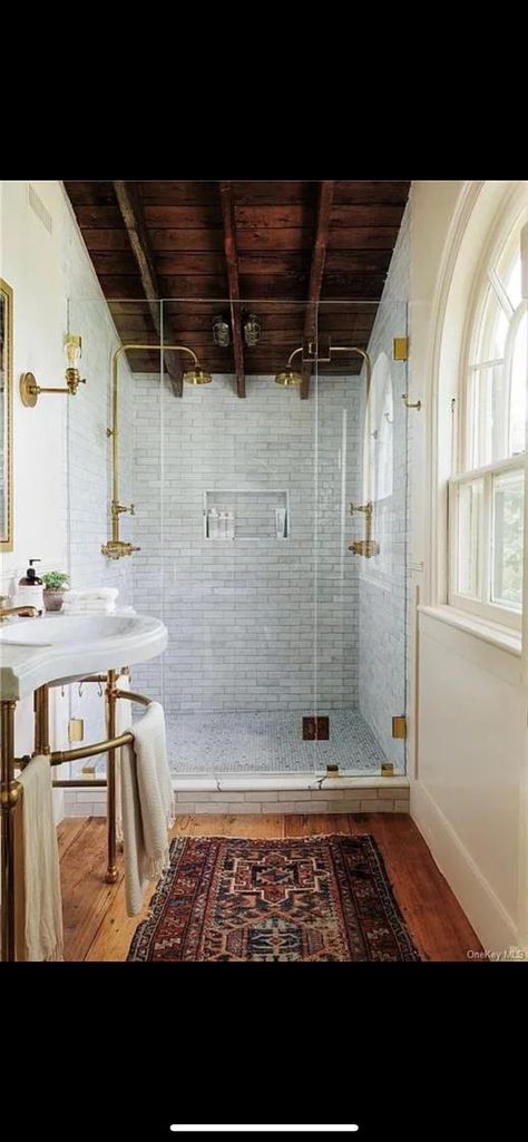 Sloped Shower Ceiling, Slanted Ceiling Bathroom Ideas, Tall Ceiling Bathroom, High Ceiling Bathroom, Vaulted Ceiling Bathroom, Shower Wood Floor, Farm Bathroom, White Tile Shower, Subway Tile Showers