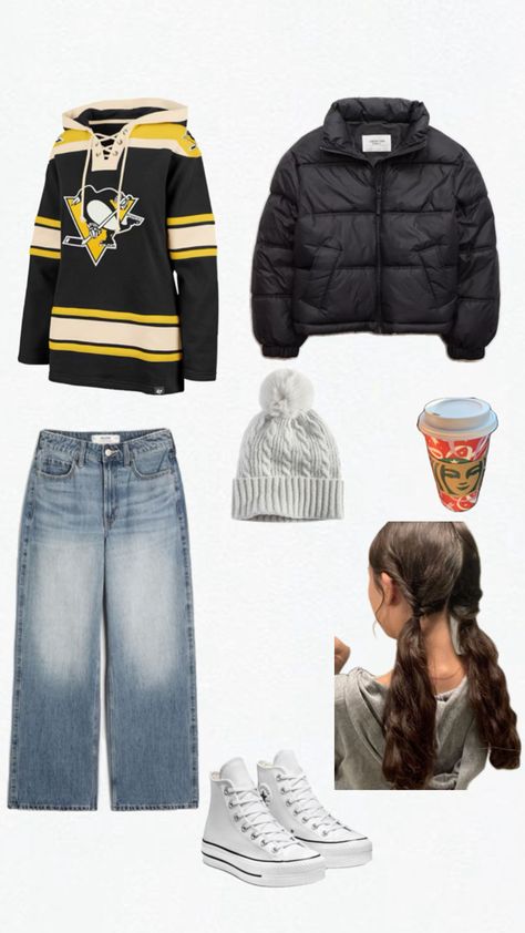 hockey, hockey gf, hockey girlfriend, penguins outfit, ppg, pittsburgh, pittsburgh penguins, pgh, ppg paints arena, cold, winter jacket, converse, hairstyle, jersey, jersey outfit Pittsburgh Outfits, Hockey Jersey Outfit, Hockey Girlfriend, Ppg Paint, Jersey Outfit, Pittsburgh Penguins, Hockey Jersey, Pittsburgh, Penguins