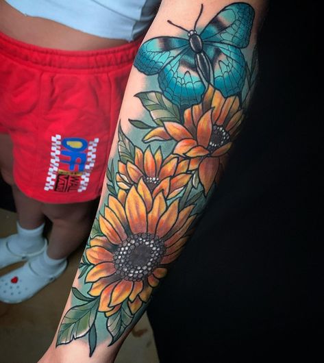 Thank you @iralysmarie 🌻🦋 | Instagram Addison Tattoo, Sunflower Tattoo Arm, Delicate Feminine Tattoos, Full Arm Sleeve, Leg Tats, Word Tattoo Ideas, Arm Sleeve Tattoos For Women, Piercings Ideas, Word Tattoo