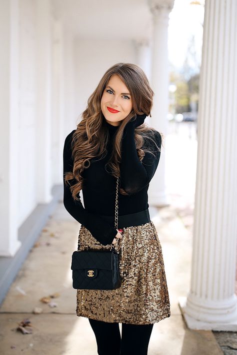 long sleeve turtleneck (closet staple!) // sequin skirt (less than $50) // Jimmy Choo heels , similar but les... Sequence Skirt Outfit, Silvester Party Outfit, Black Tights Outfit, Sequence Skirt, Southern Curls And Pearls, Cocktail Party Outfit, Silvester Outfit, Winter Outfits Ideas, Skirt Outfits Fall