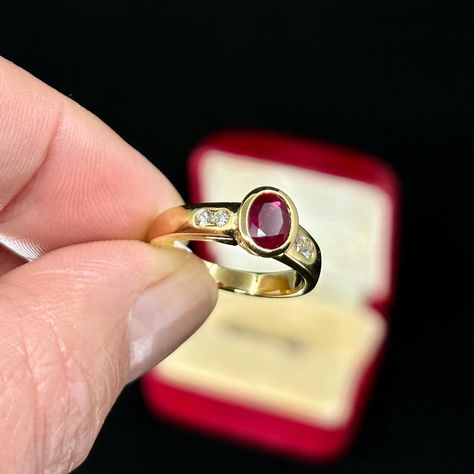 Just in, we have this circa 1980’s Ruby & Diamond engagement/anniversary ring set in 18K yellow gold. When we first got this ring, we had thoughts of redesigning it, because look at that Ruby. 🤩 …but then we figured with the resurgence of yellow gold bezel settings, we may as well leave this ring as is. The value on this ring based on the Ruby is a bit more than what we anticipated, so we decided to move along the win to our clients and offer it for 50% off, from $10,000 to $5,000. The ... Ruby Bezel Ring, Anniversary Ring Set, Bezel Set Ring, Ruby Engagement Ring, Bezel Ring, Ruby Diamond, Engagement Anniversary, Bezel Diamond, Ruby Ring