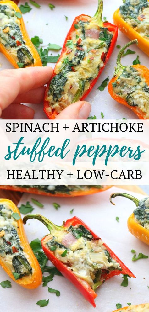 Stuffed Peppers Appetizer, Mini Peppers Recipes, Artichoke Bites, Artichoke Stuffed, Mini Peppers, Stuffed Peppers Healthy, Cheesy Spinach, Mini Sweet Peppers, Stuffed Mini Peppers