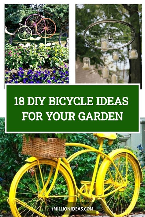 18 DIY Bicycle Ideas For Your Garden Garden Bikes Yard Art, Garden Bikes With Flowers, Bicycle Flower Planter, Painted Bicycles For Garden, Bicycle Planter Ideas Garden Art, Garden Bicycle Ideas, Bike Rim Crafts, Bicycle In Garden, Bike Planter Ideas