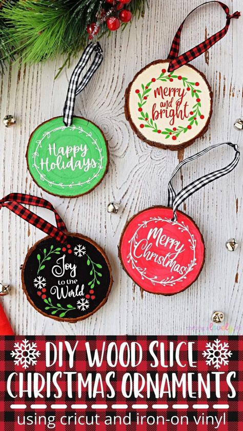 Easy Cricut Projects For Beginners Christmas, Fundraiser Craft Ideas, Wood Slice Ornament Ideas Cricut, Cricut Wood Ornament Ideas, Diy Round Wooden Christmas Ornaments, Easy Cricut Ornaments, Homemade Christmas Ornaments Cricut, Cut Wood Ornaments With Cricut, Wood Slice Cricut Projects