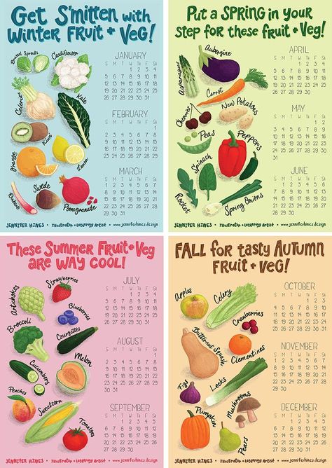 Final calendar images, complete with illustrated fruits and vegetables and punny headlines for each season. Fruits And Vegetables Seasons, Seasonal Produce Calendar, Season Fruits And Vegetables Chart, Winter Fruit And Vegetables, Spring Fruits And Vegetables, Spring Season Food, Spring Fruits In Season, Fall Fruits In Season, Seasonal Fruits And Vegetables Chart