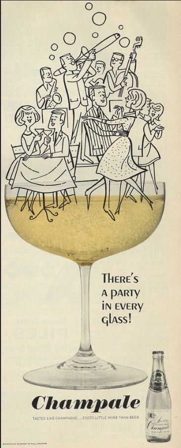 1964 Illustrated Liquor Ad, Champale, "There's a Party in Every Glass" Cocktail Vintage Illustration, 50s Advertising, Cocktail Decor, Mid Century Illustration, Cartoon People, Wedding Aesthetic, Work Design, Alphonse Mucha, Vintage Cookbooks