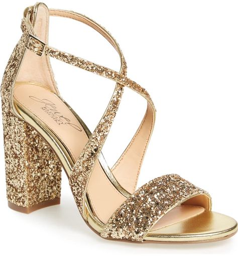 JEWEL BADGLEY MISCHKA Cook Block Heel Glitter Sandal, Main, color, GOLD LEATHER Wedding Shoes Glitter, Glitter Wedding Shoes, Bridesmaids Heels, Gold Sparkly Heels, Sparkly Wedding Shoes, Sparkly Sandals, Ankle Strap Chunky Heels, Jewel Badgley Mischka, Sparkly Shoes