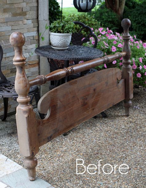 Roadside Footboard Repurposed | Confessions of a Serial Do-it-Yourselfer Repurpose Old Headboard And Footboard, Bench Made From Old Bed, Diy Footboard Bench, Repurpose Bed Posts, Repurposed Wood Bed Frame, Bed Frame Repurpose Ideas, Bed Footboard Ideas, Uses For Old Headboards, Repurposed Headboard And Footboard