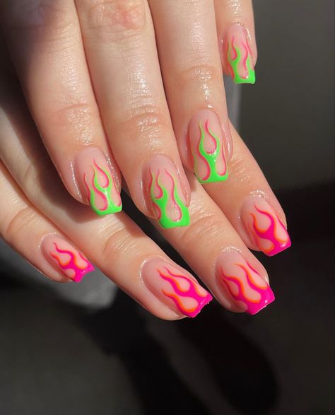 Neon Flame Nail Art, Green Flames Nails, Flame Nails Green, Nails With Flame Design, Green Flame Nails, Summer Vibes Nails, Neon Purple Nails, Neon Blue Nails, Neon Orange Nails