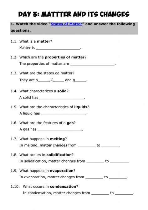 Human Body Worksheets, Grade 3 Science, States Of Matter Worksheet, Science Printables, Life Skills Class, Matter Worksheets, Third Grade Science, Properties Of Matter, Social Studies Worksheets