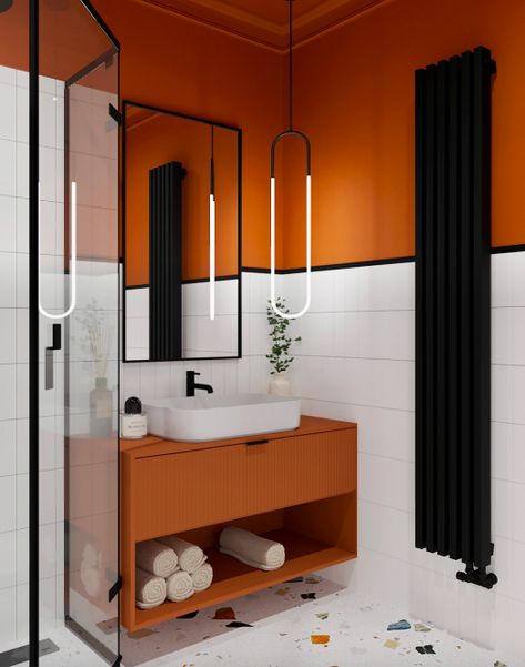 Coloured Ceiling Bathroom, Colored Ceiling Bathroom, Post Modern Bathroom, Orange Bathroom Walls, Toilet Makeover, Mid Modern House, Wallpaper Decor Ideas, Wallpaper Design Ideas, Bathroom Retro