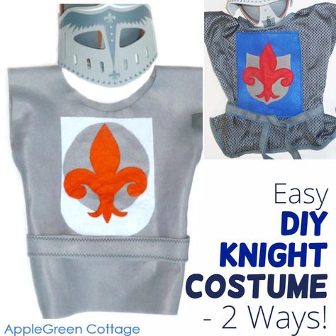 Want to make a super easy knight costume for kids in a really short time? Here's one your kids will absolutely love! A free homemade knight costume sewing project for Halloween knight costume anyone can do! Two tutorials: a no-sew knight costume, an easy and cool costume for knight - a great costume for kids pretend play too!Plus, a newly added option: a knight costume sewing tutorial too! Learn how to sew a knight costume, it's a fun halloween costume idea! Diy Knight Costume, Knight Costume For Kids, Costume Sewing, Knight Costume, Sewing Templates, Sewing Projects Free, Costume Tutorial, Kids Pretend Play, Costume For Kids