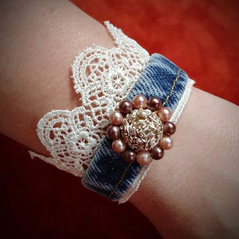 Handmade Recycled Denim And Lace Bracelet. Embellished With A Vintage Clip On Earring That I Repurposed. Silver Tone Fittings. Will Fit Up To 7 1/2" Wrist. Fabric Cuff Bracelets Diy, Denim Cuff Bracelet, Cuff Bracelets Diy, Fabric Cuff Bracelet, Denim Bracelet, Denim Earrings, Denim Crafts Diy, Clip On Earring, Blue Jeans Crafts