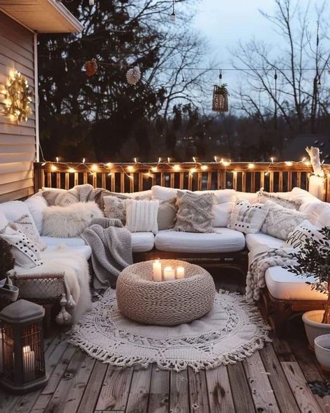 Cozy Patio Ideas, Cozy Deck, Apartment Vibes, Terrace Decor, Patio Lights, Small Fireplace, Cozy Patio, Deck Designs Backyard, Porch And Balcony