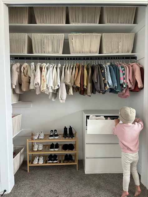 Small Kids Room Clothes Storage, Closet Storage Kids, Kids Shoe Organizer, Nursery Closet With Dresser, Storing Kids Shoes, Dresser In Kids Closet, Kid Closet Storage, Kids Room Closet Organization, Nursery Shoe Organization