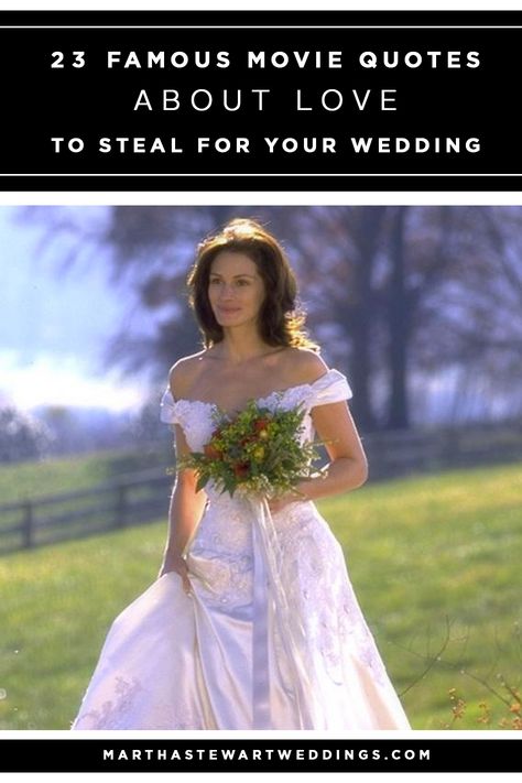 It can seem like a nearly impossible task to put all of your feelings about the person you're marrying into just a few words for your wedding vows. Luckily, screenwriters have done the heavy lifting by writing some of the sweetest things about love. To help get you started on your own vows, we're spotlighting some of the most romantic movie quotes of all time—from Runaway Bride to Good Will Hunting—to inspire you. Movie Wedding Vows, Wedding Readings From Movies, Vows From Movies, Wedding Vows From Movies, Wedding Dress Quotes, Vow Inspiration, Wedding Quotes To A Friend, Wedding Reading, Bride Quotes