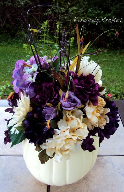 Fall Purple, Pumpkin Centerpiece, Book Table, Fall Wedding Centerpieces, Fall Arrangements, Pumpkin Centerpieces, Purple Plum, Fall Weddings, Cream Flowers