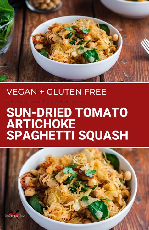 Sun-dried tomato artichoke spaghetti squash is full of savory taste, low carb and perfect for a plant based dinner. #spaghettisquash #plantbaseddinner Artichoke Spaghetti Squash, Artichoke Spaghetti, Vegan Spaghetti Squash, Plantbased Dinner, Healthy Vegan Dinner, Plant Based Dinner, Meatless Main Dishes, Easy Vegan Dinner, Spaghetti Squash Recipes