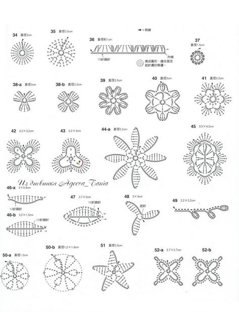 Small Botanical Crochet Motif Patterns diagram Írska Čipka, Crochet Small Flower, Irish Crochet Flowers, Irish Crochet Motifs, Irish Crochet Patterns, Crochet Leaf Patterns, Crochet Flowers Free Pattern, Crochet Jewelry Patterns, Pola Amigurumi