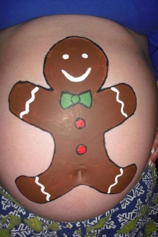 Gingerbread Man - Belly Painting #8 12-5-11 Christmas Bump Painting, Gingerbread Man Painting, Christmas Belly Painting Pregnant, Halloween Bump, Pregnant Belly Halloween Paint, Paint Pregnant Belly, Painted Pregnant Belly, Baby Surprise Announcement, Belly Paint