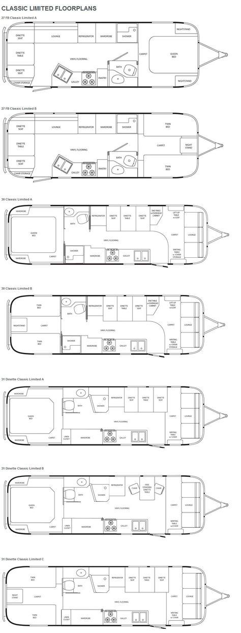 Airstream Classic Limited travel trailer floorplans Caravan Interior Layout, Airstream Layout Floor Plans, Trailer Home Plans, Rv Plans Layout, Travel Trailer Design, Travel Trailer Layout Floor Plans, Interior Trailer Ideas, Caravan Floor Plan, Trailer Layout Floor Plans