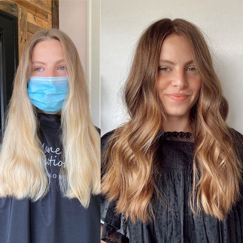 Bleached To Brunette, Blonde To Caramel Hair Before And After, Blonde Hair To Dark Hair Transformation, Light To Dark Hair Transformation, Glaze Hair Color Before And After, Blonde Before And After, Going From Blonde To Brunette Before And After, Hair Before And After, Blonde To Light Brown Before And After