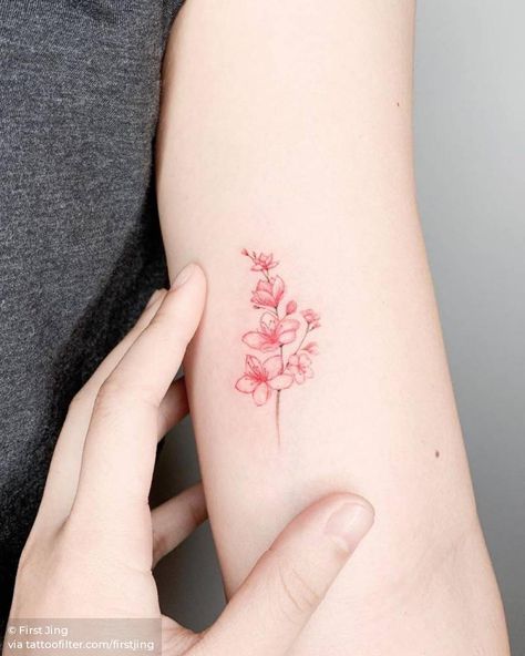 Tiny Cherry Blossom Tattoo Simple, Simple Red Tattoos For Women, Simple Red Tattoo, Small Cherry Blossom Tattoo, Pink Ink Tattoo, Cherry Tattoos, Foot Tattoos For Women, Tattoos For Women Flowers, Inspiration Tattoos