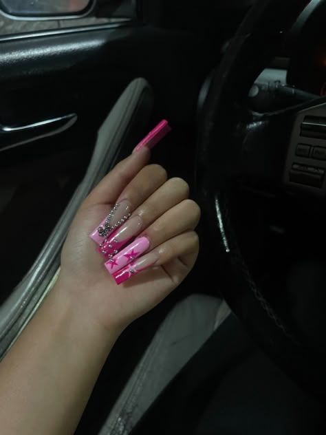 Jodie Woods Nails, Medium Length Nails With Charms, Pink Nails Acrylic Design, Pink Pretty Nails, Pink Nail Sets, Square Acrylic Nails Long, Pink Acrylic Nail Designs, Nails Pink Acrylic, Nails Long Square