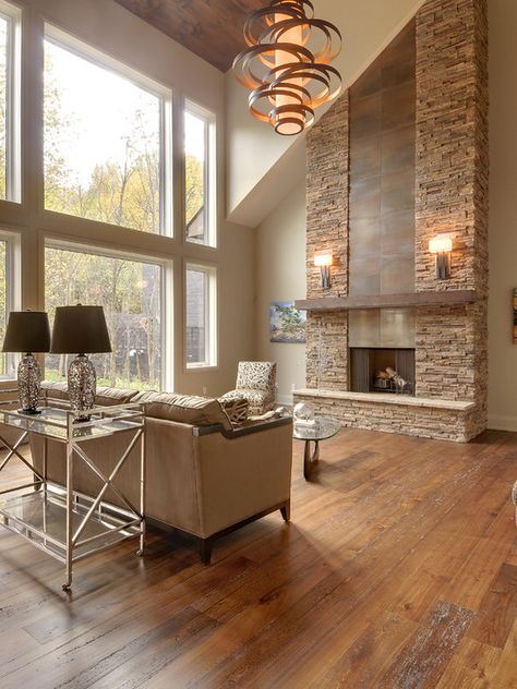 Chalet Modern, House Interior Design Living Room, Stacked Stone Fireplaces, Modern Chalet, Contemporary Living Room Design, Wall Interior, Contemporary Fireplace, Home Fireplace, Living Room Remodel