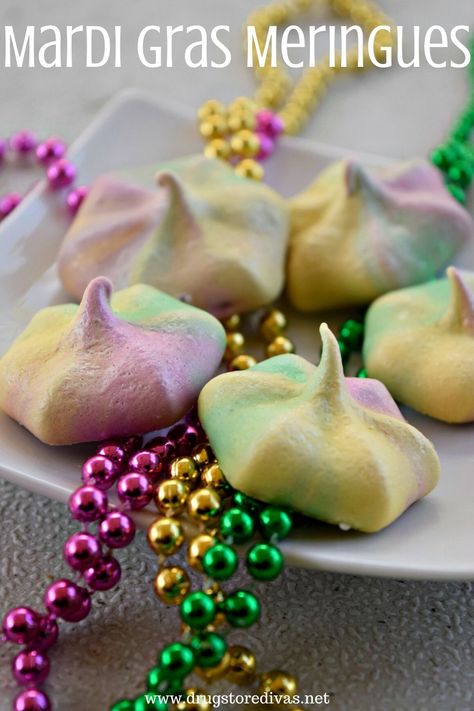 Mardi Gras Meringues Recipe | Drugstore Divas Color Cookies, Mardi Gras Desserts, Gold Food Coloring, Meringue Cookie Recipe, Recipes Using Cake Mix, Purple Food Coloring, Slow Cooker Times, Cottage Table, Mardi Gras Food