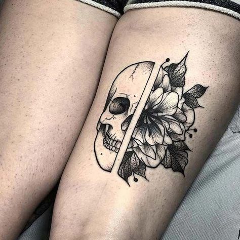 Graphic Tattoos, Thigh Tattoo Men, Half Flower, Flower Thigh Tattoos, Half Skull, Loteria Cards, Stylish Tattoo, Shape Tattoo, Muster Tattoos