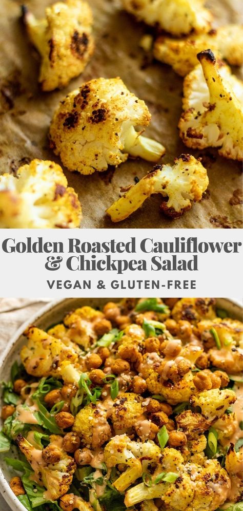 Golden Roasted Cauliflower and Chickpea Salad seasoned with turmeric, garlic and fennel then roasted until caramelized and topped with maple tahini sauce. Easy to make and customizable. Roasted Cauliflower And Chickpea Salad, Roasted Cauliflower And Chickpeas, Roasted Chickpea Salad, Chickpea Salad Vegan, Tapas Dinner, Roasted Cauliflower Salad, Healthy Vegan Dinner Recipes, Healthy Vegan Dinner, Box Recipes