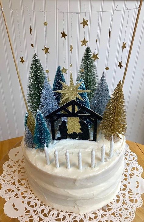 Nativity Cake, Happy Birthday Jesus Cake, Jesus Birthday Cake, Jesus Cake, Happy Birthday Jesus Party, Birth Of Christ, Decorative Cakes, Holiday Sweets, Christmas Cake Topper