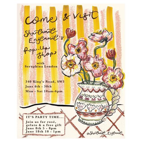 Rachel Bottomley | Artist on Instagram: “The lovely @louiseroe asked me to design an invitation for @sharland_england’s pop up and here it is 💫💫💫💫” Louise Roe, Chelsea London, London Look, Pop Up Shop, Party Time, Free Gifts, Party Invitations, In London, Pop Up