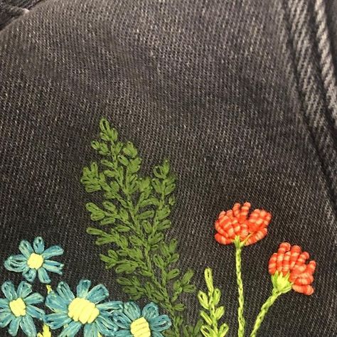 Melissa Galbraith on Instagram: "Is there such a thing as too many flower embroidered clothes? I sure hope not! I love using my Wildflower Stems peel stick and stitch patterns to embellish and repair my clothes. You can find these patterns in my online shop! And if you want to learn to embroider some of these wildflowers into pockets, you can join me for a workshop at @monstermonstershop on August 6. #wildflowers #floralembroidery #stitching #embroidery #handembroidery #borado #clothingembroid Hole Cover Up Embroidery, Embroidery Hole Repair Flower, Hand Embroidered Wildflowers, Embroidered Wild Flowers, Vintage Denim Jacket With Floral Embroidery, Denim Embroidery, Learning To Embroider, Use Me, Embroidered Clothes