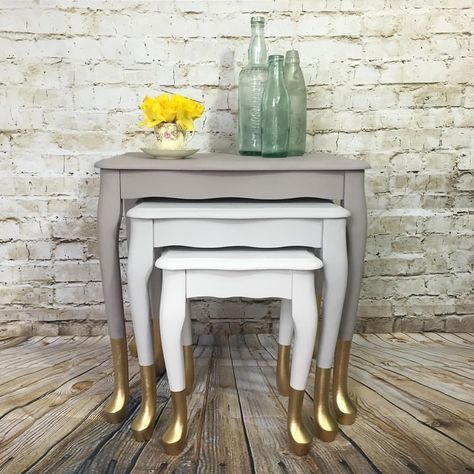 BCreative_UK on Instagram: “Finished article. #handpainted #tables using 3 shades of @duluxuk with gold dipped feet using @makeitrustoleum spray paint.” Gold Dipped Furniture, Dipped Furniture, Diy Furniture Renovation, Furniture Renovation, Refurbished Furniture, Furniture Restoration, Paint Furniture, Gold Dipped, Flipping Furniture